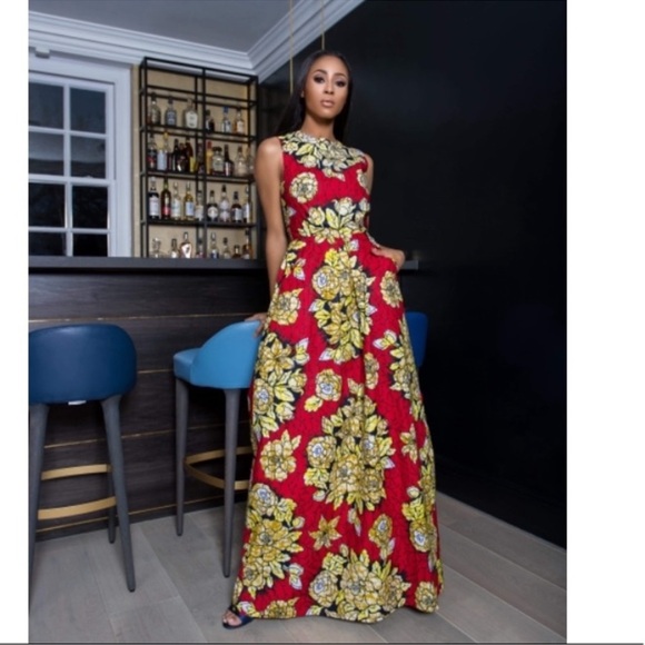 SIKA AFRICAN PRINT RED FLORAL
SLEEVELESS HIGH NECK MAXI
DRESS WITH POCKETS SZ 12 - Picture 3 of 5